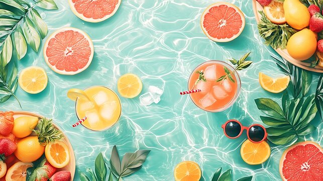 Stylized top-down flat vector of a summer party table with assorted cocktails, tropical fruit platters, sunglasses, and flower garlands scattered across. Subtle pool ripple effect in background.