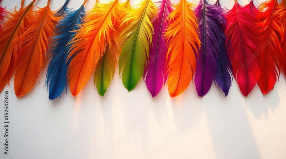 Aufkleber vibrant feathers in a spectrum of colors create a visually striking and playful arrangement on a whi