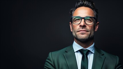 perfectly composed portrait of a businessman wearing glasses and a sleek green suit, 