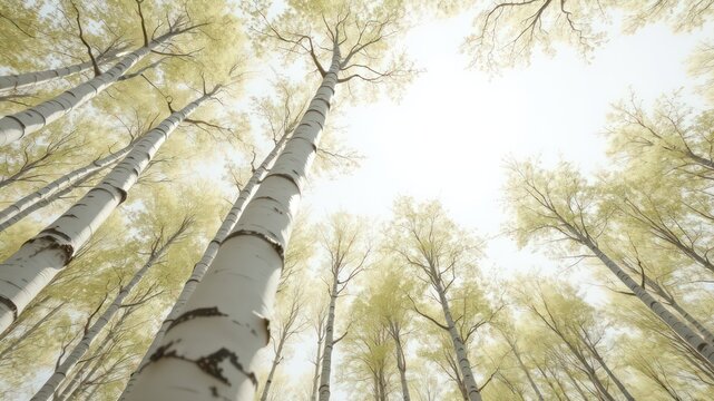 Looking up to the Heavens Through a Forest of Tall, Striking White Birch Trees with Light Green Spring Leaves