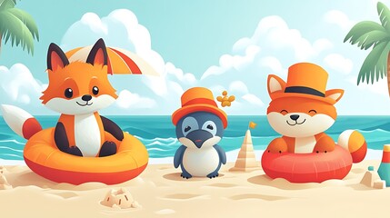Fototapeta premium Stylized vector scene of summer animals—fox, penguin, and bear—wearing beach hats and floaties, playing near the shoreline, sun umbrellas and sandcastles scattered nearby. Created using: CorelDRAW,