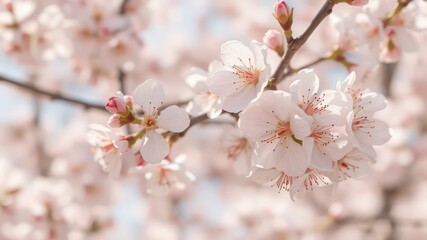 Delicate pale pink blossoms on tree branches, showing the fleeting beauty of springtime and the arrival of a softer season