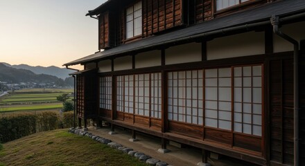 Fototapeta premium Tranquil Japanese farmhouse overlooks lush fields