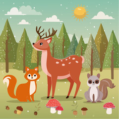 Forest Friends – Deer, owls, squirrels around mushrooms and acorns.
