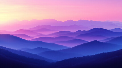 Misty pastel sunrise over gently layered hills in soft silhouette. Calm, dreamy atmosphere with subtle color gradients. Ideal for nature, tranquility, and peaceful landscape themes. Caption space on s