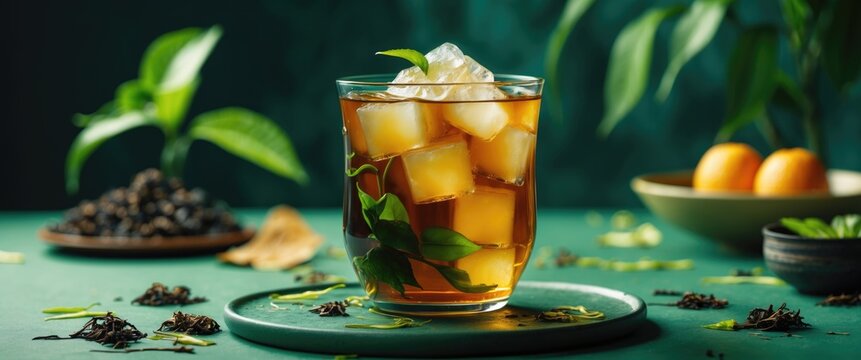 Cold iced tea with lemon and ice cubes, surrounded by herbs, fruits, and spices, on a green background with plants and natural elements. Refreshing beverage concept.