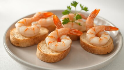 Elegant presentation of appetizer with cooked shrimp atop sliced bread, garnished with fresh parsley on a light background