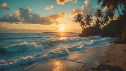 Sunset on a tropical beach with palm trees, ocean waves, and a vibrant sky.
