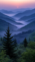 Misty pastel sunrise over gently layered hills in soft silhouette. Calm, dreamy atmosphere with subtle color gradients. Ideal for nature, tranquility, and peaceful landscape themes. Caption space on s