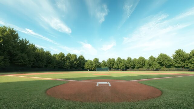 An expansive green baseball field beckons under a bright sky, promising outdoor recreation and the thrill of competitive sport - Powered by Adobe