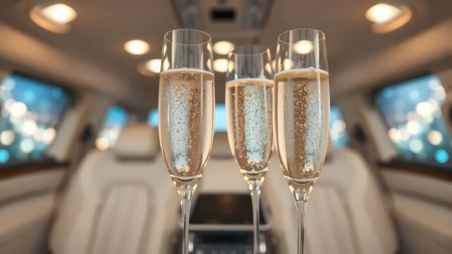 Celebratory champagne flutes positioned within an upscale vehicle's interior, creating a moment of elegance and anticipation