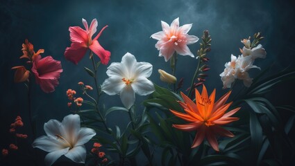 Obraz premium Colorful flowers in a garden with lush green leaves and dramatic lighting