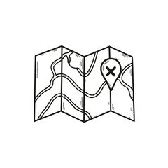 Hand-drawn folded map with marked location for travel and adventure illustrations