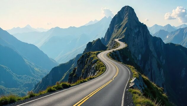 A winding road ascending a mountain, symbolizing the journey of a career path, full of challenges and rewards, leading to the summit of success , goal, striving for success