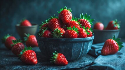 Bowl of fresh strawberries with green leaves on dark background, with some strawberries outside the bowl. Fruits, healthy food, summer, and refreshment concept.