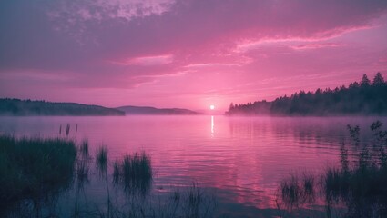 Obraz premium Sunset over a calm lake with pink and purple hues, surrounded by trees and mist, creating a peaceful and serene landscape.