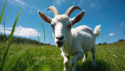 A white goat with curved horns standing in a grassy field under a blue sky with clouds.