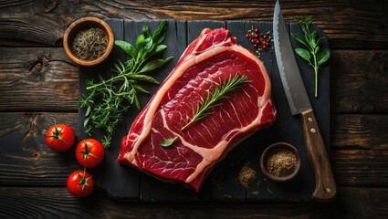Fresh raw steak with herbs, tomatoes, and spices on a wooden cutting board.