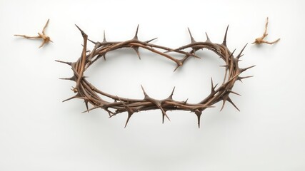 Sharp Spiked Crown of Thorns with Two Small Sticks on a Clean, Minimalist, Bright White Backdrop