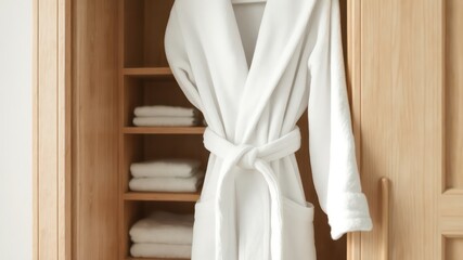 A clean, bright white bathrobe hanging in a wooden wardrobe, featuring folded towels on shelving
