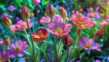 Colorful flowers and blooming tulips with vibrant pink, purple, and orange hues in a lush garden scene.