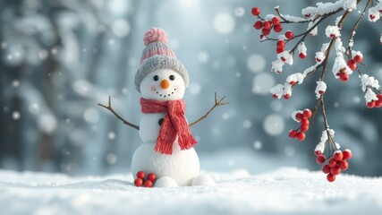 Fototapeta premium A Cheerful Snowman Standing in a Winter Wonderland, Surrounded by Snow Covered Trees and Bright Red Berries