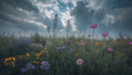 Obraz premium Vibrant wildflower field under dramatic sky with clouds, showcasing colorful flowers and lush greenery.