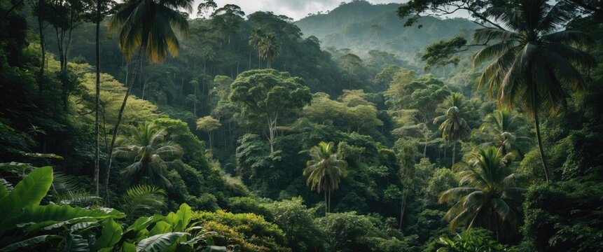Lush tropical rainforest with dense trees and palm trees, creating a vibrant green landscape.