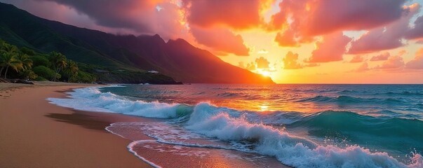 Vibrant Hawaiian sunset over lush volcanic hills, tranquil ocean waves gently lapping the shore A picturesque scene capturing the essence of Aloha spirit , golden hour, sun