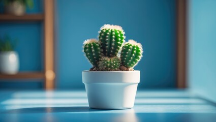 Cactus plant in a white pot on a blue surface with a blurred background.