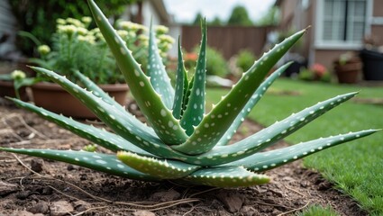 Aloe vera plant in garden with green leaves and white spots, growing in soil near a house. Garden and plant, nature. Succulent plant, landscaping, outdoor gardening.