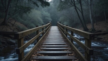 A wooden bridge over a stream in a foggy forest setting. Forest and nature, pathway in the wilderness, peaceful environment, natural scenery.
