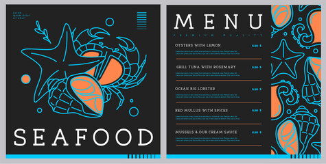 Restaurant line art seafood menu design with crab, rapana, starfish and octopus. Vector illustration