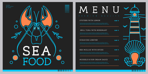 Restaurant line art seafood menu design with lobster, octopus, lighthouse and scallop. Vector illustration © annbozhko