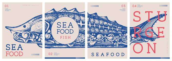 Set of modern magazine covers or posters with sturgeon fish. Restaurant seafood menu design. Vector illustration © annbozhko