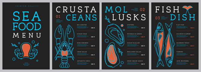 Restaurant line art seafood menu design with lobster, crab, fish and oysters. Vector illustration © annbozhko