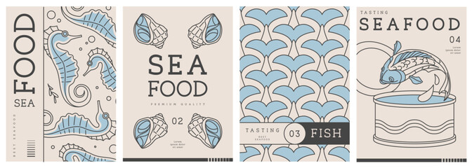 Set of modern magazine covers or posters with line art seafood. Restaurant seafood menu design. Vector illustration