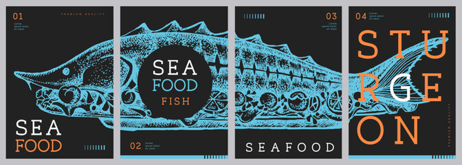 Set of modern magazine covers or posters with sturgeon fish. Restaurant seafood menu design. Vector illustration © annbozhko