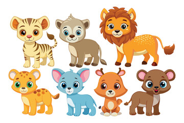 Realistic Illustration of Eight Standing Baby Animals in Various Poses and Colors