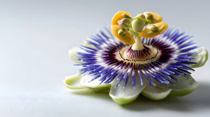 close up of passion flower center on white background
