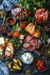 Fototapeta premium Icelandic national day celebration with traditional food spread for festive gatherings. Vertical banner. Top view