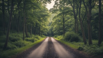 Obraz premium A dirt road through a lush green forest with tall trees and dense foliage. Nature and tranquility, concept. Forests and outdoor scenery. The idea of peaceful natural environments