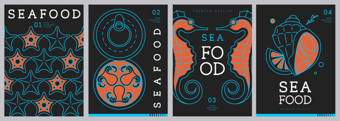 Set of modern magazine covers or posters with line art seafood. Restaurant seafood menu design. Vector illustration © annbozhko