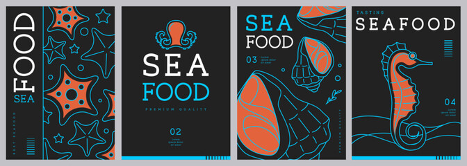 Set of modern magazine covers or posters with line art seafood. Restaurant seafood menu design. Vector illustration © annbozhko