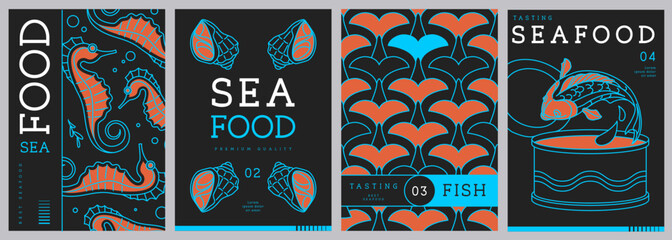 Set of modern magazine covers or posters with line art seafood. Restaurant seafood menu design. Vector illustration © annbozhko