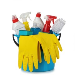 Bucket with cleaning supplies for home housekeeping and sanitation