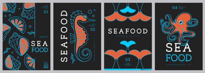Set of modern magazine covers or posters with line art seafood. Restaurant seafood menu design. Vector illustration © annbozhko