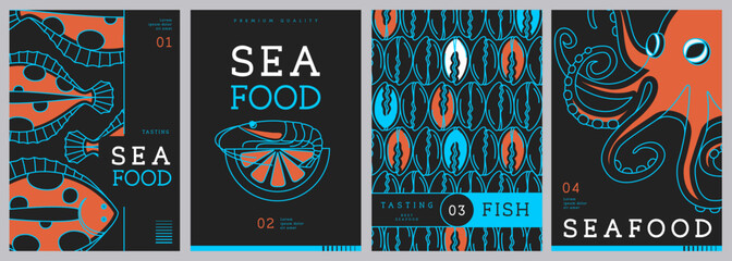 Set of modern magazine covers or posters with line art seafood. Restaurant seafood menu design. Vector illustration © annbozhko