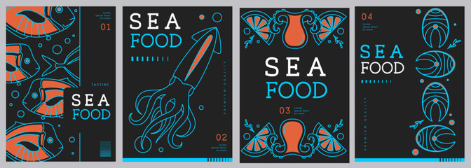 Set of modern magazine covers or posters with line art seafood. Restaurant seafood menu design. Vector illustration © annbozhko