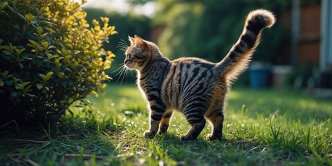 A cat walking outdoors amidst green grass and bushes in a garden or backyard setting.
